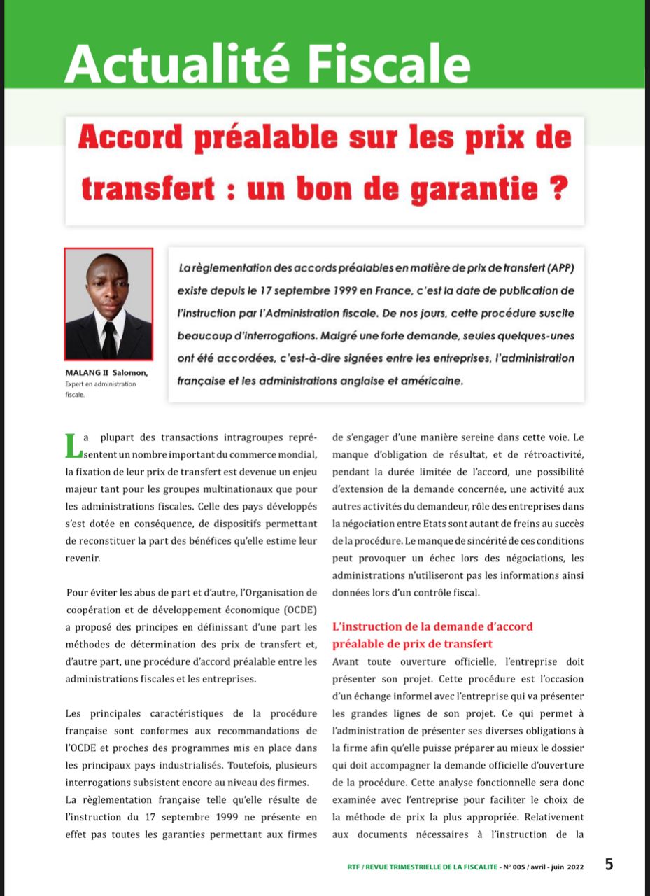 Accord prealable sur les prix de transfert un bon de garantie