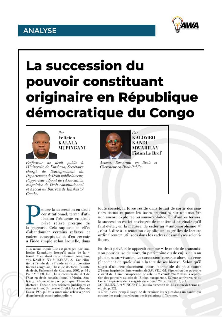 LA SUCCESSION DU POUVOIR CONSTITUANT ORIGINAIRE EN RÉPUBLIQUE DÉMOCRATIQUE DU CONGO